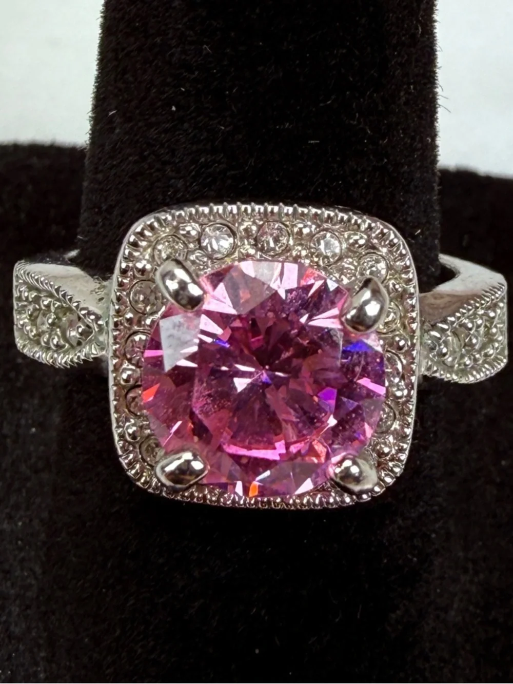 Vintage Silvertone, large pink stone ring